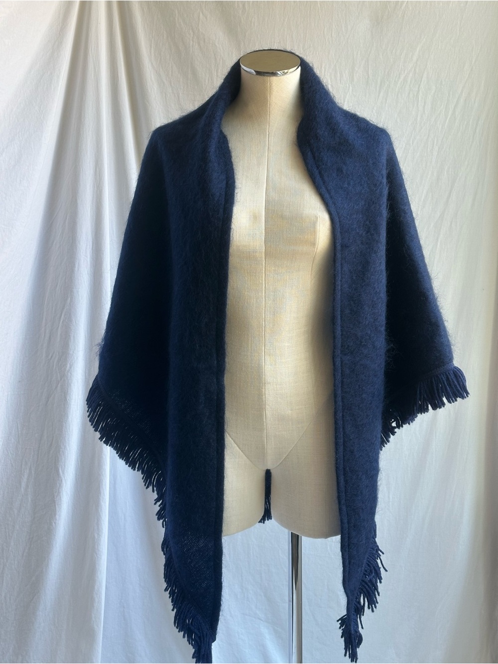 Vintage Rannoch Designs Scotland Mohair Wool Shawl Cape Navy Blue Fringed Wrap